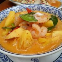 Pineapple Curry Dinner · Sweet pineapple chunks, green beans and bell peppers with a red curry sauce. Medium.