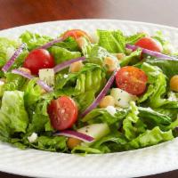 Mediterrinean Salad · Fresh greens,tomato,red onion,black olives,Cucumber,Banana pepper,Feta cheese, romano cheese