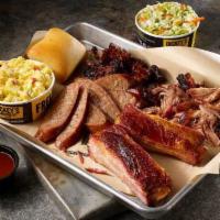 Pork Out Platter · Ribs, pulled pork, pork burnt ends and choice of sliced sausage, 2 sides and a roll