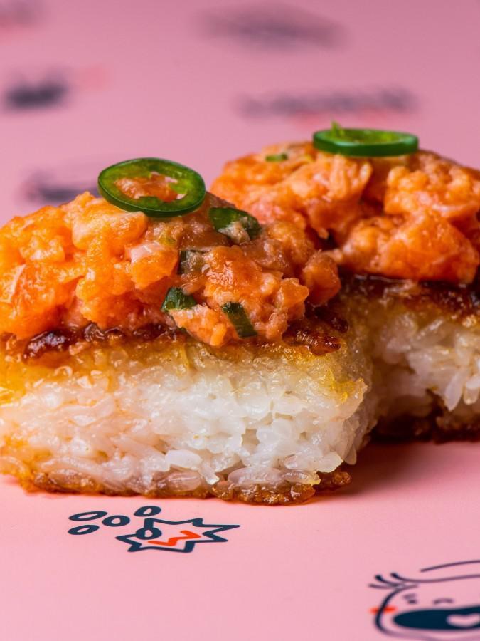 King Salmon & Yuzu Krispy Rice · grilled sushi rice, salmon yuzu mix garnished with serrano peppers (2 pc)