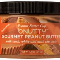 BNutty Peanut Butter Cup Peanut Butter (12 0z Jar) · Crunchy Honey-Roasted Peanut Butter with Dark Chocolate, Milk Chocolate ＆ White Chocolate