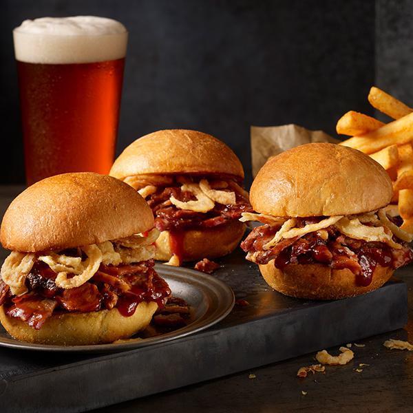 Brisket Sliders · Smoked Beef Brisket with Barbecue Sauce and Fried Onion Straws on Toasted Brioche Mini Buns. Now Served with Fries.