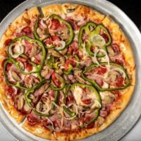 Buscemis Special Round Pizza · Pepperoni, ham, green peppers, onions, and mushrooms.