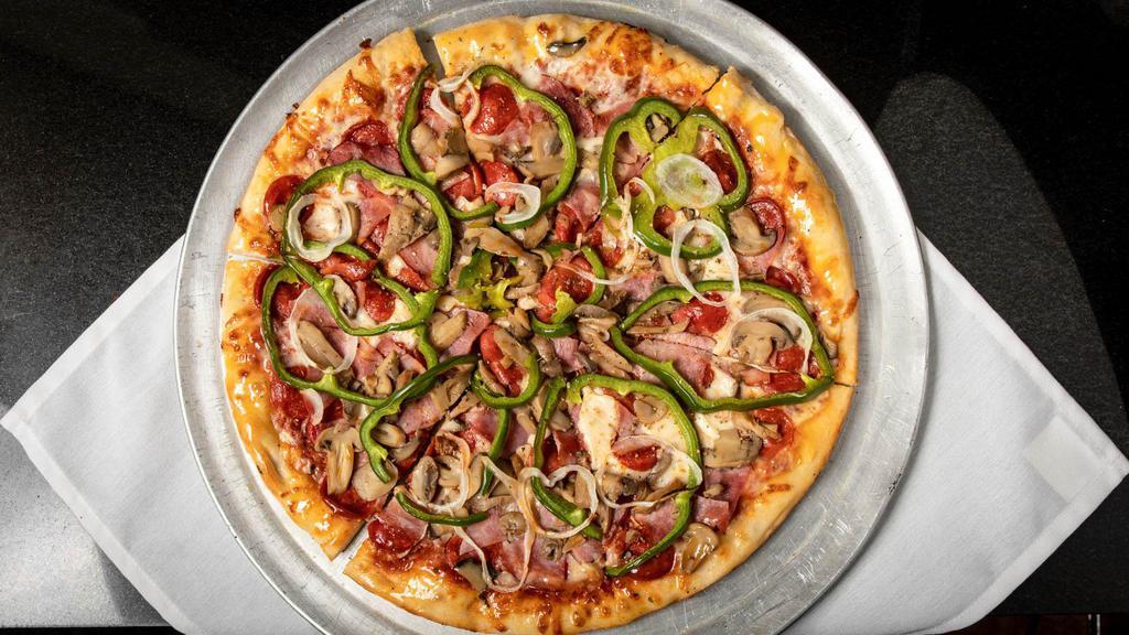 Buscemis Special Round Pizza · Pepperoni, ham, green peppers, onions, and mushrooms.