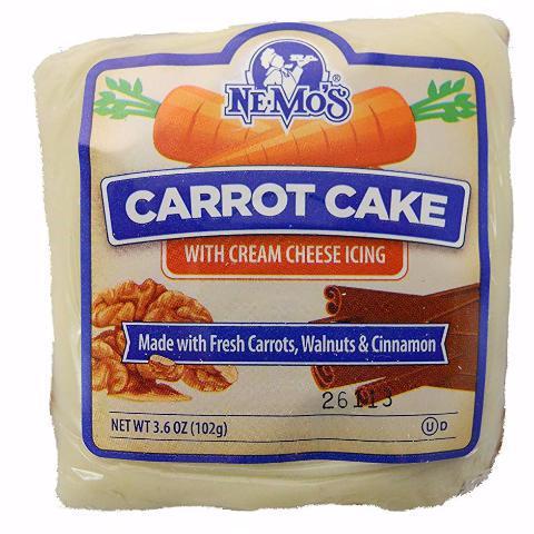 NeMos Carrot Cake Square 3oz · Individually wrapped carrot cake with cream cheese icing.