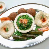 Gate Veggie Sampler · Tabbouleh, falafel, grape leaves, hummus and baba ghanouj
