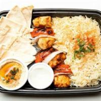Chicken Kabab · 1 skewer of grilled marinated chicken, rice, grilled vegetables and pita bread