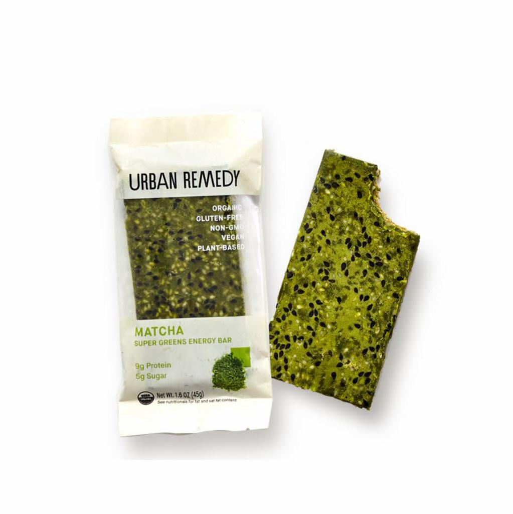 Urban Remedy Matcha Energy Bar (VG, GF) · By Urban Remedy. Packed with antioxidants, our Matcha green tea bar is high in protein, low in sugar, and made with healthy fats and caffeine to boost energy levels and burn calories throughout the day. Made from cacao butter, matcha powder, coconut, cashews, almonds, seeds, a hint of cinnamon, and a blend of greens, this fiber-rich bar is a Paleo-friendly meal replacement or an energizing afternoon snack.

All of our products are organic, gluten-free, dairy-free, and non-GMO. Vegan. Contains coconut, almonds, and cashews. We cannot make substitutions.