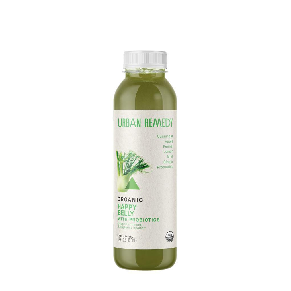 Urban Remedy Happy Belly 12 oz (VG, GF) · By Urban Remedy. We've blended a dose of probiotics with ginger, mint, and fennel (a natural digestif that's key to relieving bloating and cramps), to remedy your digestion woes and even clear you mind for its headache relieving qualities. Fresh apple, lemon, and cucumber are blended in for a delectably sweet green juice that’s like a spa treatment for your body. You’ll feel as good as new as Happy Belly alleviates bloating and boosts your immune health.

All of our products are organic, gluten-free, dairy-free, and non-GMO. Vegan. We cannot make substitutions.