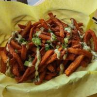 Ono Fries Basket · Sweet potato fries tossed in our Hawaiian sea salt spice blend and drizzled with our sweet T...
