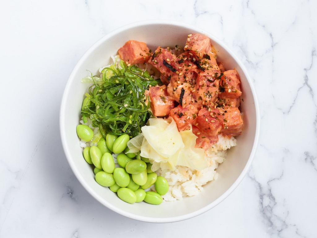 Spicy Ahi Tuna Poki Bowl by Poki Time · By Poki Time. Ahi tuna marinated in our spicy mayo sauce, alongside dashi-infused sushi rice, seaweed salad, and edamame. Furikake, green onions, and red onions included for seasoning. Contains gluten, dairy, soy, and nightshades. We cannot make substitutions.