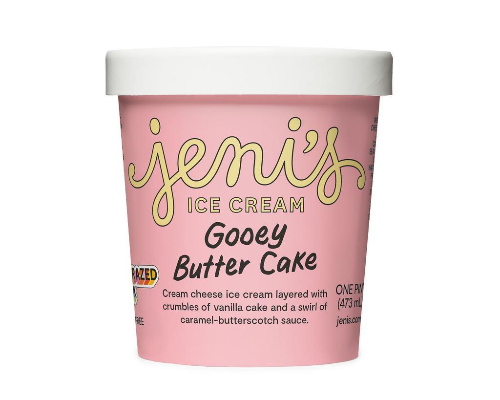 Gooey Buttercake (GF) by Jeni's Splendid Ice Cream · By Jeni's Splendid Ice Cream. Cream cheese ice cream layered with crumbles of soft vanilla cake and swirls of made-from-scratch caramel-butterscotch sauce. Contains dairy and eggs. We cannot make substitutions.
