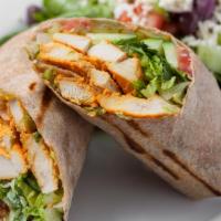 Chicken Wrap · Oven roasted antibiotic free chicken, hummus, Roma tomatoes, cucumbers, pickles and romaine ...