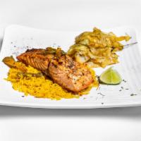 Salmon B.A.P Bowl · Salmon with sauteed peppers and onions over jerk rice and carnival sauce with cabbage or sal...