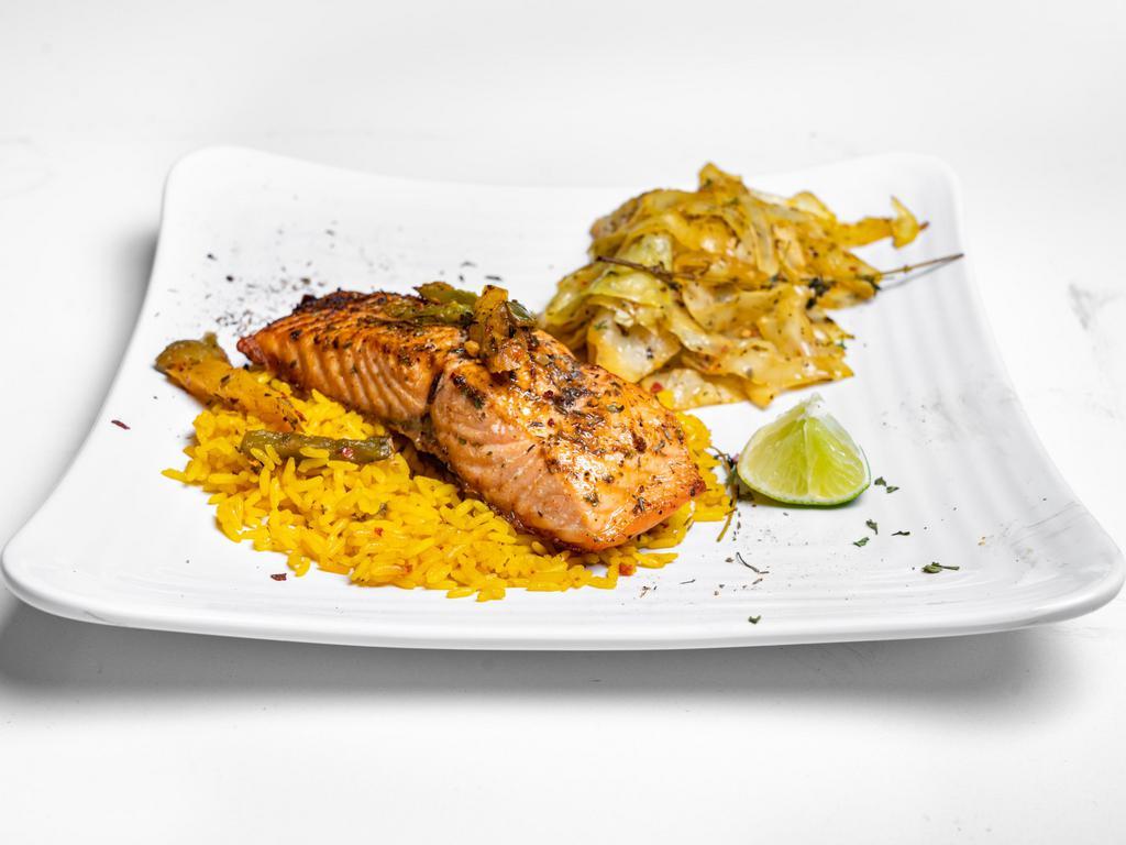 Salmon B.A.P Bowl · Salmon with sauteed peppers and onions over jerk rice and carnival sauce with cabbage or salad.