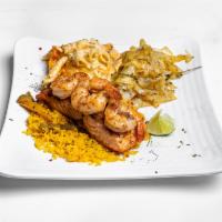 TKJ Salmon and Shrimp Boat · Fresh salmon served with 4 jumbo shrimp. Served over a bed of yellow rice and any side of yo...