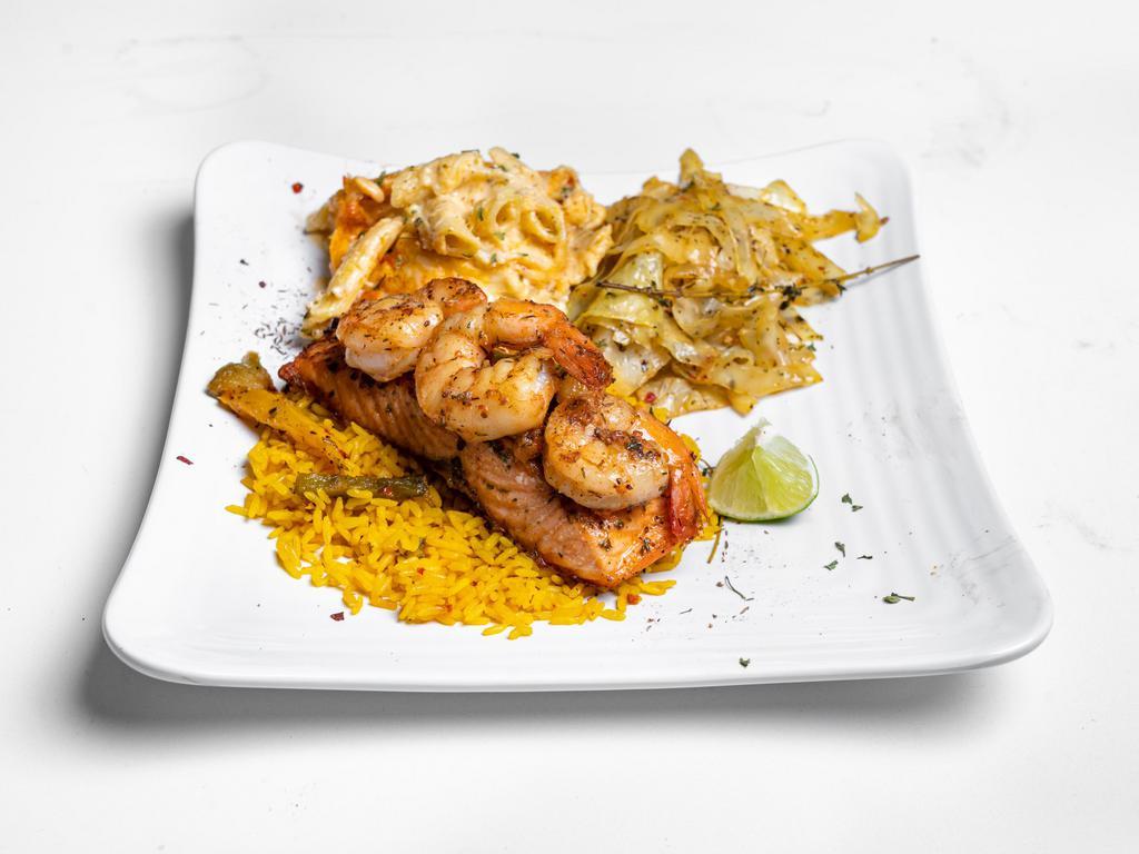 TKJ Salmon and Shrimp Boat · Fresh salmon served with 4 jumbo shrimp. Served over a bed of yellow rice and any side of your choice of 2 sides. We have a variety of seafood from the TKJ shrimp boat to our fried blue jerk catfish. All are mixed with our own blend of Kitchen Jerk seasonings.