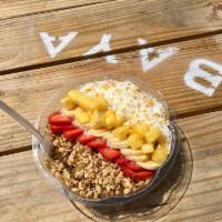 Acai U Later · Blended acai topped with pineapple, banana, granola, strawberry and honey.
