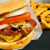 Bacon Cheeseburger · Smoked bacon, lettuce, tomato, onion, American cheese.