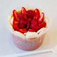 Daybreak Bowl · Strawberries, bananas, Greek yogurt, whole grain oats topped with chia seeds and granola.