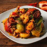 Seafood Curry · Lobster ＆ Shrimp, peppers ＆ onions, Bok Choy, White Rice