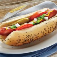 Chicago Style Hot Dog · Hot Dog Bun, All Beef Hot Dog, Mustard, Sweet Relish, Tomatoe Slices, Diced Orions, Pickle, ...