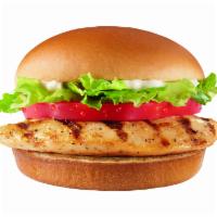 Grilled Chicken Sandwich · Grilled chicken on a plain glaze top bun with mayonnaise, 80/20 lettuce blend and tomato.