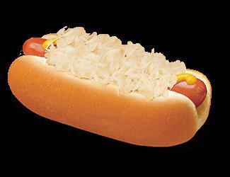 Kraut Dog · A grilled world-famous original Wienerschnitzel hot dog in a fresh, steamed bun topped with tangy sauerkraut and French mustard.
