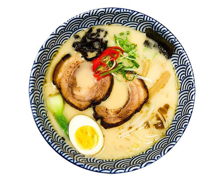 Hakata Tonkotsu · Pork broth, chasu, soft egg, green onions, bamboo, bean sprouts, pickled ginger, nori, bok choy, and naruto.