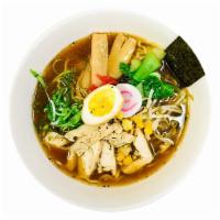 Chicken Shoyu · Soy sauce broth, grilled chicken, soft egg, green onions, bamboo, bean sprouts, pickled ging...