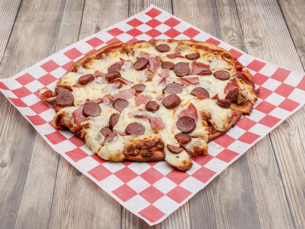 Sausage Lover's Pizza · Served with pepperoni, Italian sausage, Canadian bacon and polish sausage.