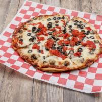 South of the Border Pizza · Ground beef, fresh tomatoes, black olives and onions over tangy picante sauce. Jalapeno pepp...