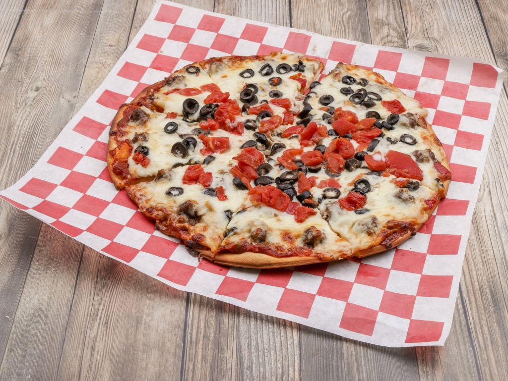 South of the Border Pizza · Ground beef, fresh tomatoes, black olives and onions over tangy picante sauce. Jalapeno peppers by request.