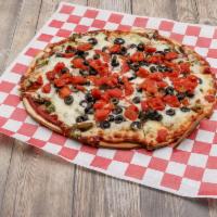 Veggie Pizza · Served with fresh tomato, black olives, green peppers, onions and mushrooms. Vegetarian.