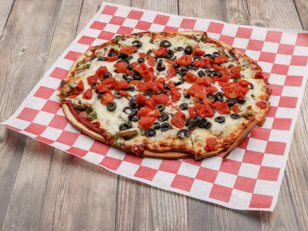Veggie Pizza · Served with fresh tomato, black olives, green peppers, onions and mushrooms. Vegetarian.
