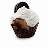 Double Chocolate Devotion Cupcake · a rich chocolate chip filled with a layer of devil's food cake, fudge and chocolate ice crea...