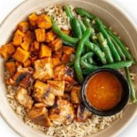 BBQ Luau Bowl · Basmati rice blend, garlicky cilantro green beans, roasted sweet potato, BBQ chicken, citrus...
