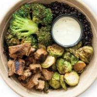 Protein Paradise Bowl · Sesame noodles, sesame ginger broccoli, honey sriracha brussels sprouts, grilled steak, crea...