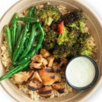 Teriyaki Tiki Bowl · Coconut rice, sesame ginger broccoli, garlicky cilantro green beans, teriyaki chicken, cream...