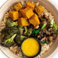Veggie Vacay Bowl (Vegan) · Coconut rice, sesame ginger broccoli, roasted mushrooms, sesame garlic tofu, coconut sweet p...