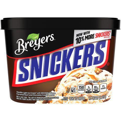Breyers Snickers Caramel 48oz · Caramel ribbons, chocolate coated peanuts, and real SNICKERS® bar pieces are swirled together with smooth vanilla