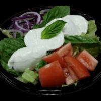 Cool Caprese Salad · Leafy Greens, Roma Tomatoes, Red Onions, Fresh Basil, Fresh Mozzarella
