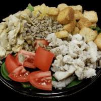 Frou Frou Vegan Salad · Leafy Greens, Roma Tomatoes, Sunflower Seeds, Chicken or Tofu, Spinach, Pineapples, Artichok...