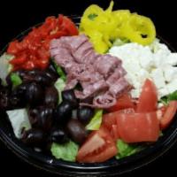 Grecian Salad · Leafy Greens, Feta, Kalamata Olives, Roma Tomatoes, Roasted Red Peppers, Banana Peppers, Sal...