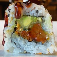 Dragon Roll · Vegan broiled eel, cucumbers, avocado, sesame seeds, nori or soy paper. Six pieces.
