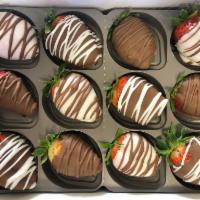 Dozen hand dipped strawberries · 12 hand dipped chocoalate strawberries.  6 milk chocolate/ 6 white chocolate with chocoalte ...