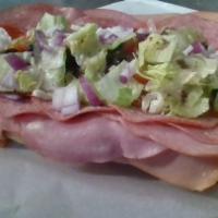 Cold Cuts and Mozzarella Cheese Sandwich · Ham, bologna, salami. Cold with lettuce, tomato, creamy Italian, oil and vinegar.