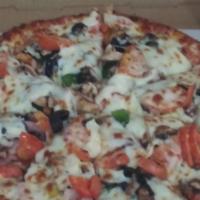 Vegetarian Pizza · Mushrooms, onion, green pepper, black olive, fresh tomatoes, eggplant, and extra cheese.