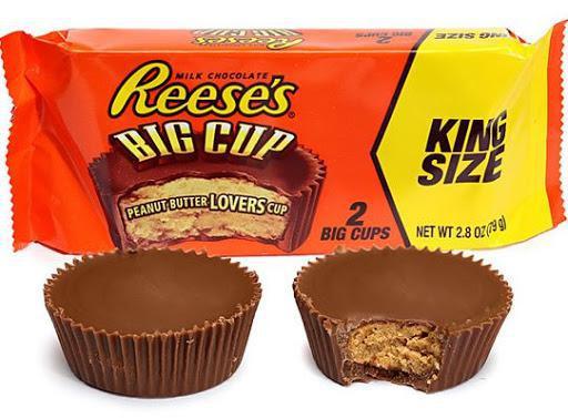 Reese's Peanut Butter Cups King Size  · 2.8 oz. Snack with an American classic in a big way. The perfect combination of chocolate and peanut butter, Reese's big cup peanut butter cups are the perfect companion for movies, sports, and parties.

