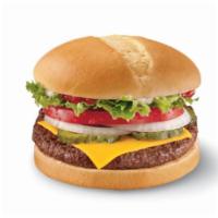 Cheese GrillBurger™ · 100% beef burger topped with melted cheese, thick-cut tomato, crisp chopped lettuce, pickles...